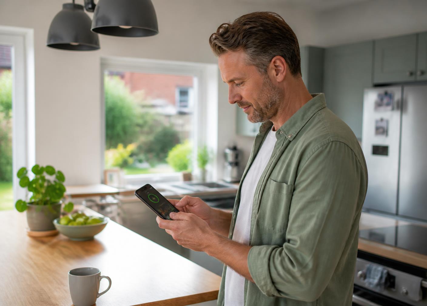 A homeowner in a bright UK kitchen checking home energy use on a smartphone app
